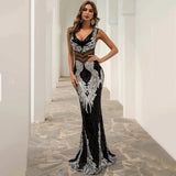 Amour Black Sequin Rhinestone Embellished Fishtail Maxi Dress - Fashion Genie Boutique