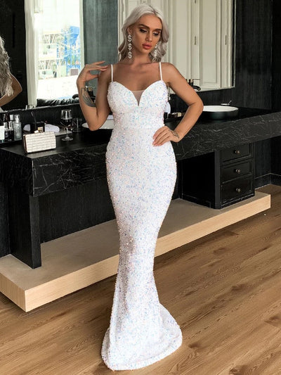 Lovers And Friends White Iridescent Sequin Fishtail Maxi Dress - Fashion Genie Boutique