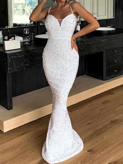 Lovers And Friends White Iridescent Sequin Fishtail Maxi Dress - Fashion Genie Boutique