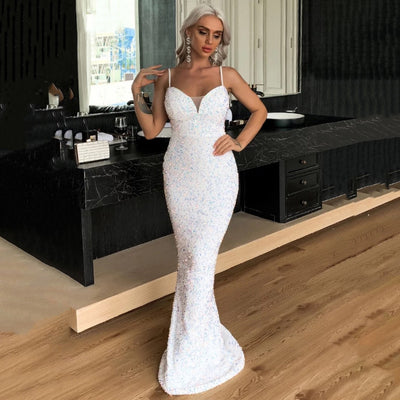 Lovers And Friends White Iridescent Sequin Fishtail Maxi Dress - Fashion Genie Boutique