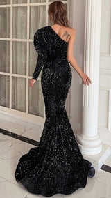 Everlasting Black One Shoulder Plunge Sequin Fishtail Maxi Dress - Fashion Genie Boutique