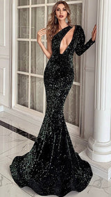 Everlasting Black One Shoulder Plunge Sequin Fishtail Maxi Dress - Fashion Genie Boutique
