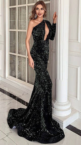 Everlasting Black One Shoulder Plunge Sequin Fishtail Maxi Dress - Fashion Genie Boutique