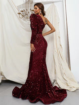Everlasting Burgundy One Shoulder Plunge Sequin Fishtail Maxi Dress - Fashion Genie Boutique