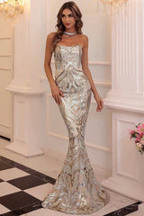 Fabulous Luxor Nude & Gold Strapless Damask Sequin Maxi - Fashion Genie Boutique