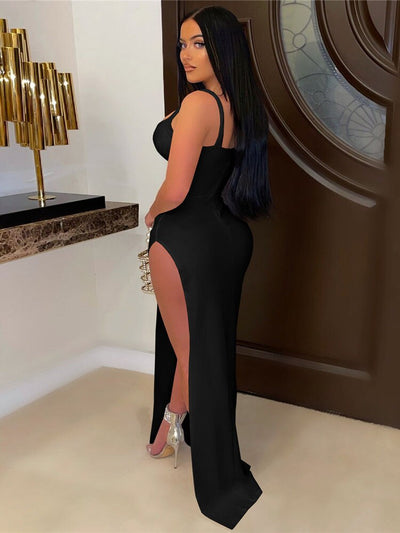 Going Off Black Slinky High Split Maxi Dress - Fashion Genie Boutique