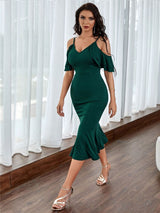 Classy Chic Green Cold Shoulder Ruffle Midi Dress - Fashion Genie Boutique
