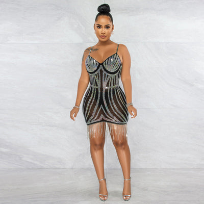 See Me Shine Black Rhinestone Embellished Fringe Mesh Mini Skirt - Fashion Genie Boutique