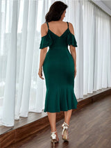 Classy Chic Green Cold Shoulder Ruffle Midi Dress - Fashion Genie Boutique