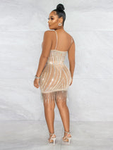See Me Shine Beige Rhinestone Embellished Fringe Mesh Mini Skirt - Fashion Genie Boutique