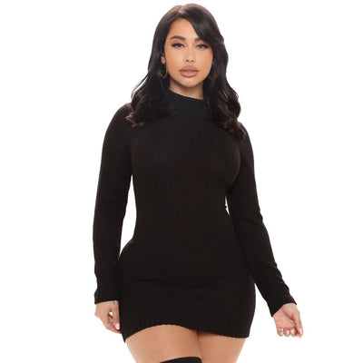 Autumn Affair Black Long Sleeve Ribbed Mini Dress - Fashion Genie Boutique