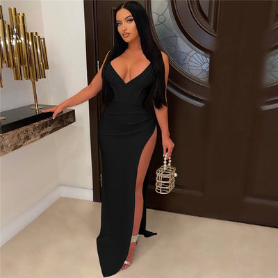 Going Off Black Slinky High Split Maxi Dress - Fashion Genie Boutique