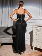 VIP Members Black Mesh Sequin Tassel Maxi Dress - Fashion Genie Boutique