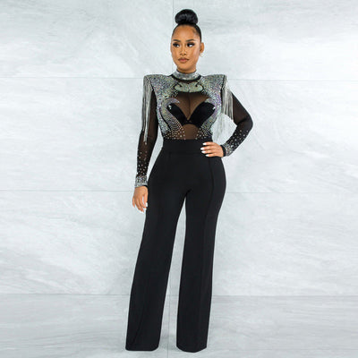 Heartbroken Black Rhinestone Embellished Mush Wide Leg Jumpsuit - Fashion Genie Boutique