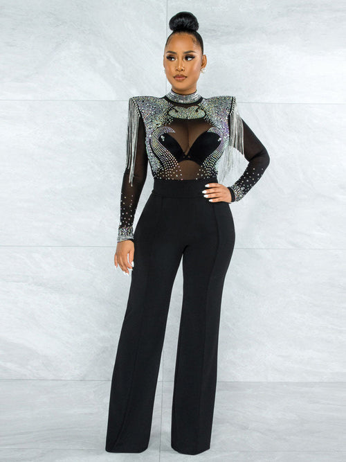 Heartbroken Black Rhinestone Embellished Mush Wide Leg Jumpsuit - Fashion Genie Boutique