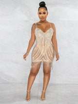 See Me Shine Beige Rhinestone Embellished Fringe Mesh Mini Skirt - Fashion Genie Boutique