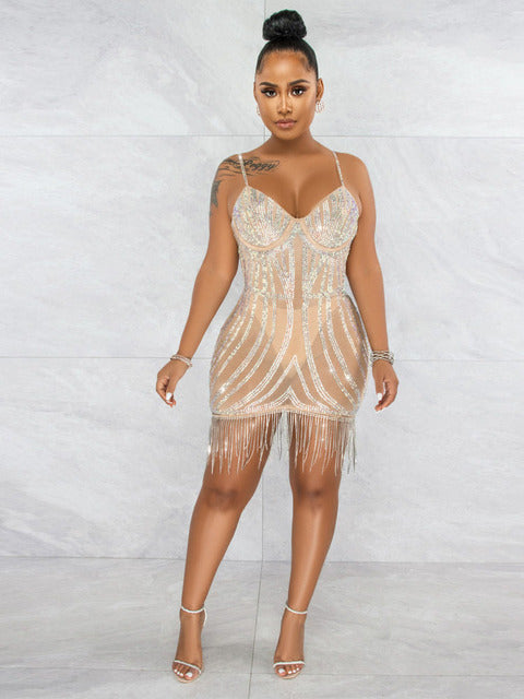 See Me Shine Beige Rhinestone Embellished Fringe Mesh Mini Skirt - Fashion Genie Boutique