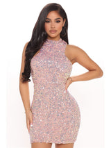 Fairy Kisses Pink Halter Sequin Mini Dress - Fashion Genie Boutique
