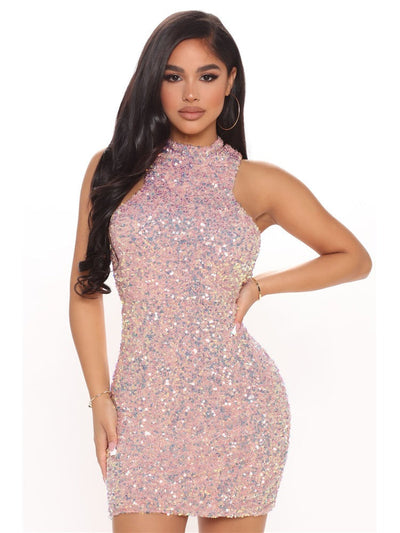Fairy Kisses Pink Halter Sequin Mini Dress - Fashion Genie Boutique