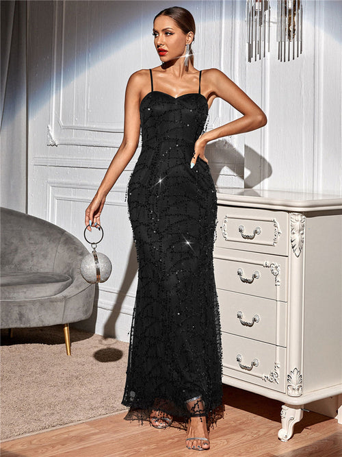 VIP Members Black Mesh Sequin Tassel Maxi Dress - Fashion Genie Boutique