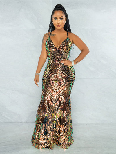 Own The Room Gold Sequin Iridescent Maxi Fishtail Dress - Fashion Genie Boutique