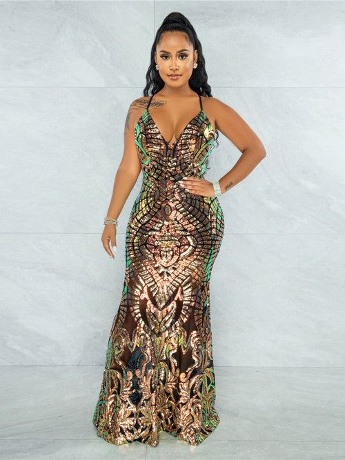 Own The Room Gold Sequin Iridescent Maxi Fishtail Dress - Fashion Genie Boutique
