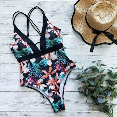 Aloha Black Floral Print Plunge Swimsuit - Fashion Genie Boutique