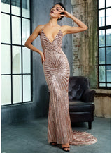 Ecstasy Gold Plunge Sequin Maxi Fishtail Gown Dress - Fashion Genie Boutique