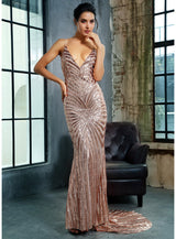 Ecstasy Gold Plunge Sequin Maxi Fishtail Gown Dress - Fashion Genie Boutique