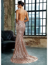 Ecstasy Gold Plunge Sequin Maxi Fishtail Gown Dress - Fashion Genie Boutique