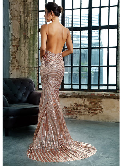 Ecstasy Gold Plunge Sequin Maxi Fishtail Gown Dress - Fashion Genie Boutique