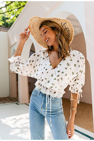 Catchy Confidence White Print Wrap Top - Fashion Genie Boutique