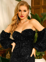 Break The Ice Black Bardot Long Sleeve Sequin Midi Dress - Fashion Genie Boutique