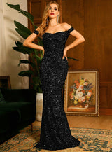 Oh So Glam Black Bardot Sequin Fishtail Maxi Dress - Fashion Genie Boutique