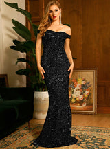 Oh So Glam Black Bardot Sequin Fishtail Maxi Dress - Fashion Genie Boutique