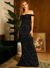 Oh So Glam Black Bardot Sequin Fishtail Maxi Dress - Fashion Genie Boutique