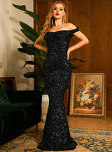 Oh So Glam Black Bardot Sequin Fishtail Maxi Dress - Fashion Genie Boutique