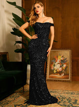 Oh So Glam Black Bardot Sequin Fishtail Maxi Dress - Fashion Genie Boutique