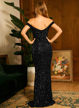 Oh So Glam Black Bardot Sequin Fishtail Maxi Dress - Fashion Genie Boutique