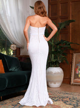 Pay Attention White Strapless Sequin Maxi Fishtail Dress - Fashion Genie Boutique