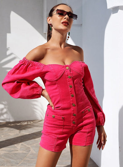 Love You Pink Strapless Long Sleeve Playsuit - Fashion Genie Boutique