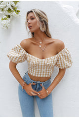 Daily Devotion Yellow Bardot Gingham Crop Top - Fashion Genie Boutique