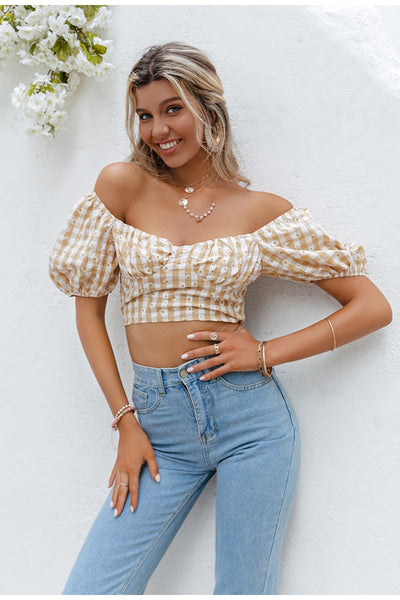 Daily Devotion Yellow Bardot Gingham Crop Top - Fashion Genie Boutique