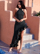 Ruffled Up Black High Split Maxi Dress - Fashion Genie Boutique