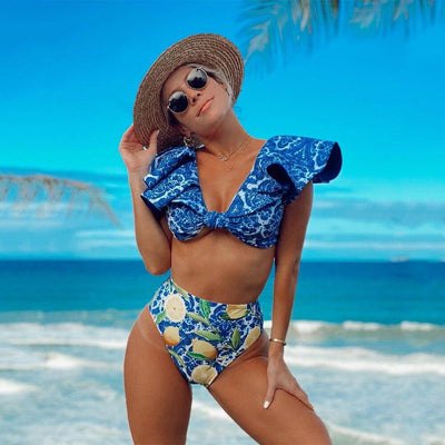 Audrey Blue Ruffle Lemon Bikini Swimsuit - Fashion Genie Boutique