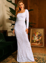 Stargazing White Sequin Long Sleeve Fishtail Maxi Dress - Fashion Genie Boutique