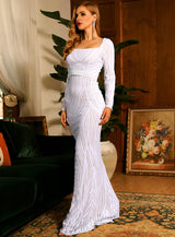 Stargazing White Sequin Long Sleeve Fishtail Maxi Dress - Fashion Genie Boutique