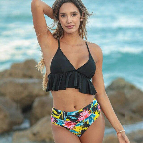 San Marino Black Peplum Floral Print Bikini Swimsuit - Fashion Genie Boutique