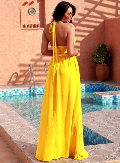 Cutting Ties Yellow Cut Out Halter Maxi Dress - Fashion Genie Boutique