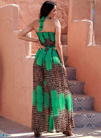 Goodas Green Leopard Crop Top Wide Leg Trousers Co-Ord - Fashion Genie Boutique